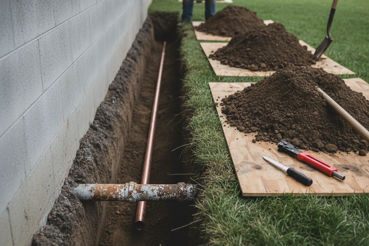Excavated water line trench during Sewer Line Repair in San Antonio